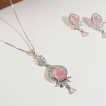 Sparkling Silver-Tone Necklace & Earrings Set with Crystal Teardrop Stones in Rhodium Baby Pink