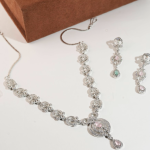 Sparkling Silver-Tone Necklace & Earrings Set with Baby Pink Crystal Teardrop Stones (Rhodium Finish)
