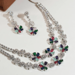 Silver-Tone Floral Crystal Necklace & Earrings Set with Multicolour Stones