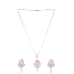Silver-Toned Necklace And Earrings Set With Pink Teardrop Stone