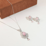 Silver-Toned Necklace And Earrings Set With Pink Teardrop Stone