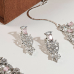 Rhodium-Plated, Silver-Toned, Pink, And White American Diamond-Studded Statement Jewellery Set