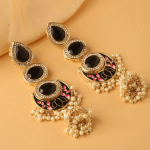 Gold-Plated Traditional Indian Ethnic Chandbali Jhumka Earrings With Black Stones