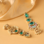 Gold‑Plated Emerald‑Toned Kundan & Pearl Handcrafted Chandbali Jhumka Earrings