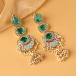 Gold‑Plated Emerald‑Toned Kundan & Pearl Handcrafted Chandbali Jhumka Earrings