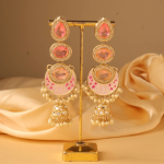 Gold‑Plated Emerald‑Toned Kundan & Pearl Handcrafted Chandbali Jhumka Earrings