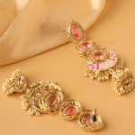 Gold‑Plated Emerald‑Toned Kundan & Pearl Handcrafted Chandbali Jhumka Earrings