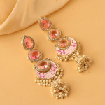 Gold‑Plated Emerald‑Toned Kundan & Pearl Handcrafted Chandbali Jhumka Earrings